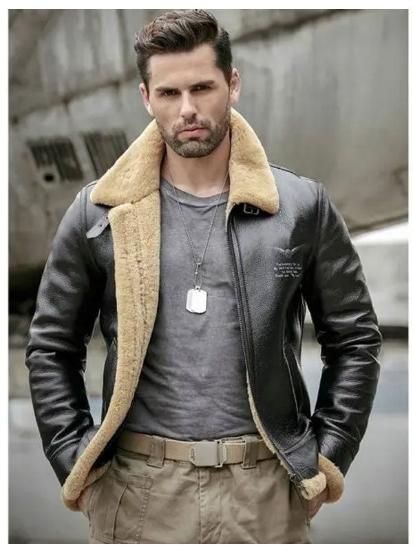 Men's Black Shearling Flight Jacket Coat - bombersflight