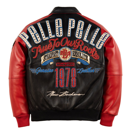 Back view of a black leather jacket with red leather sleeves, featuring large 'pelle PELLe' text and colorful vintage-style graphic patches on a white background.
