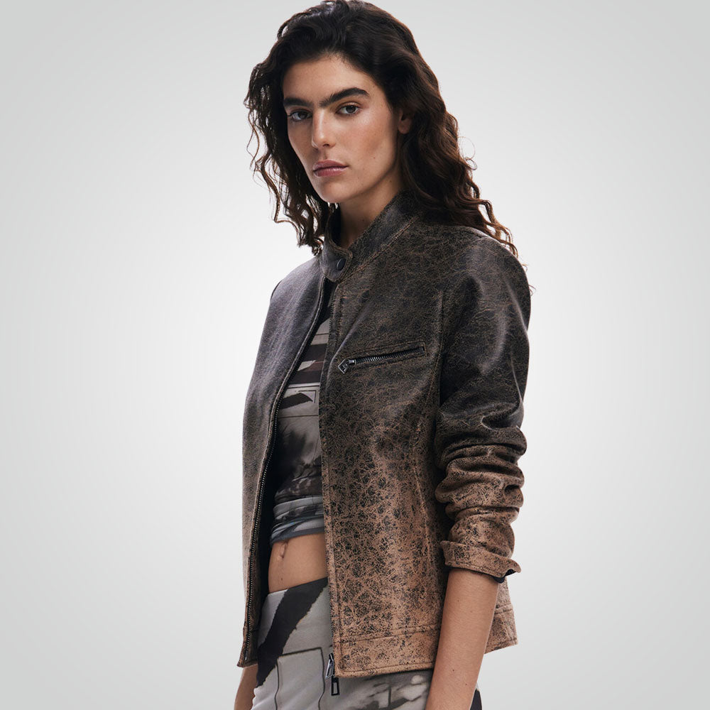Women Vintage Cafe Leather Biker Jacket