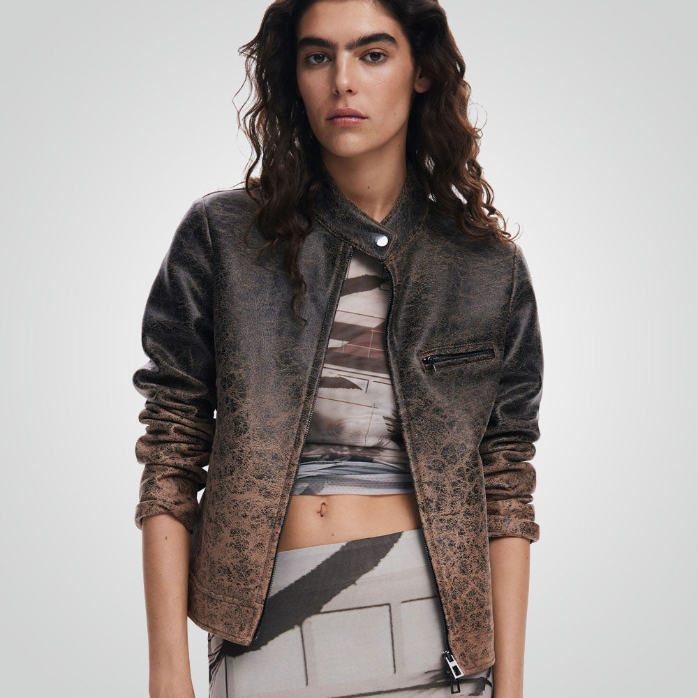 Women Cafe Racer Leather Biker Jacket
