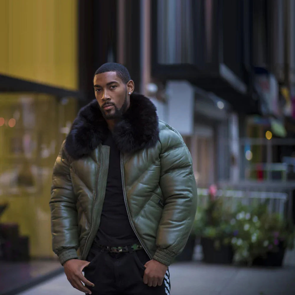 green leather v bomber jacket