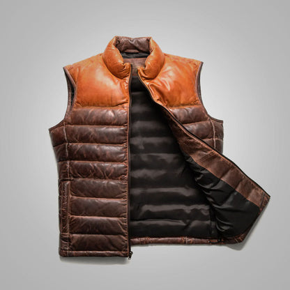 Mens Waistcoat Brown Genuine Bubble Leather Down Vest - bombersflight