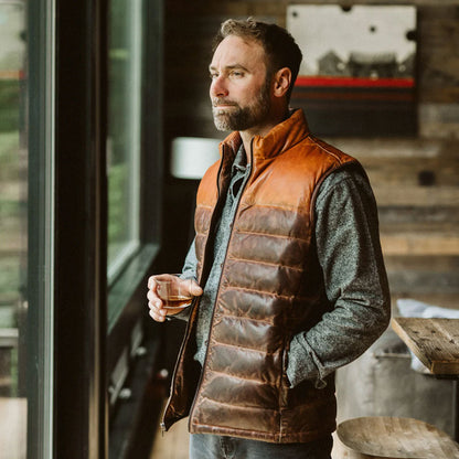 Mens Waistcoat Brown Genuine Bubble Leather Down Vest - bombersflight