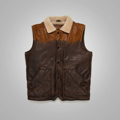 Mens Brown Waistcoat Shearling Sheepskin Leather Vest - bombersflight