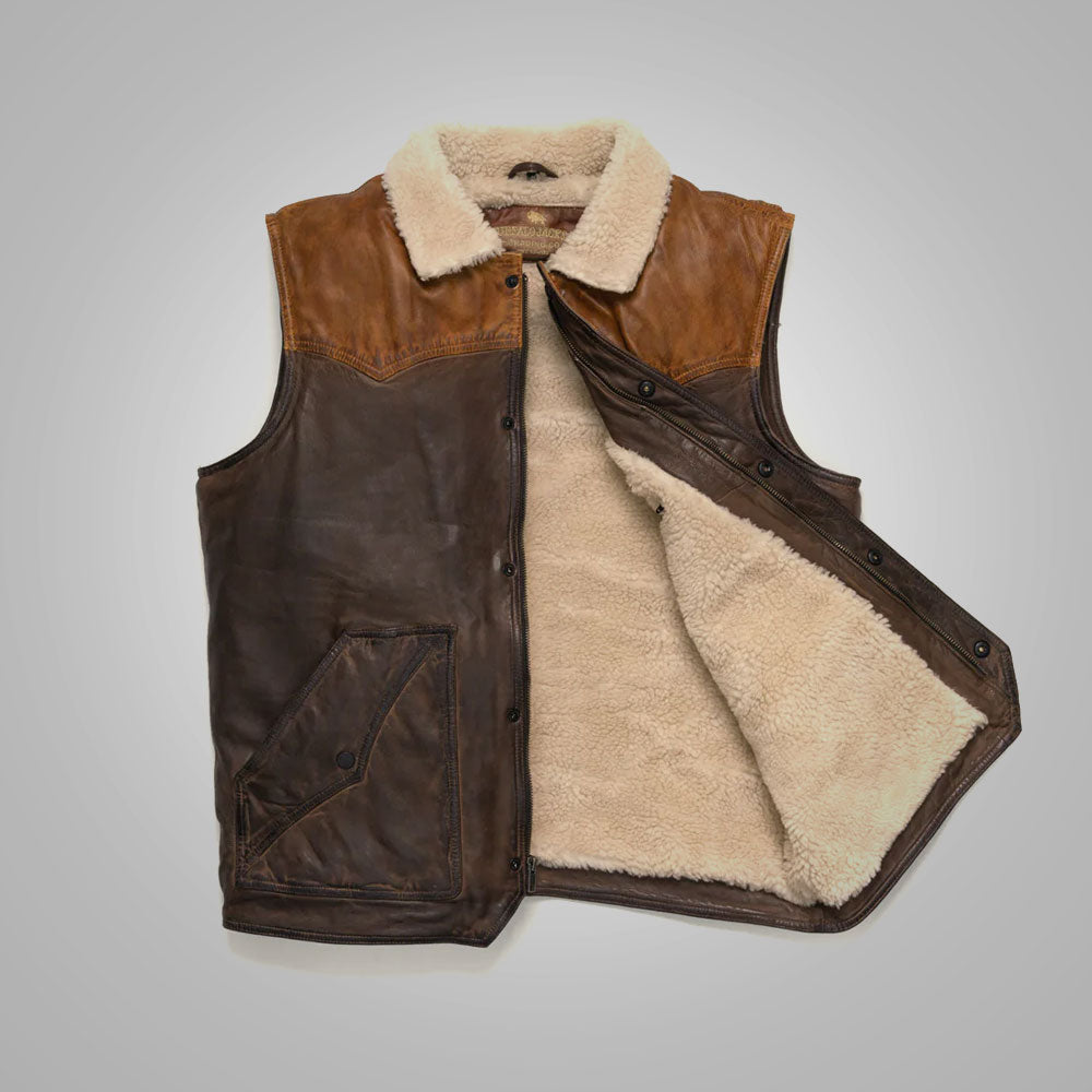 Mens Brown Waistcoat Shearling Sheepskin Leather Vest - bombersflight