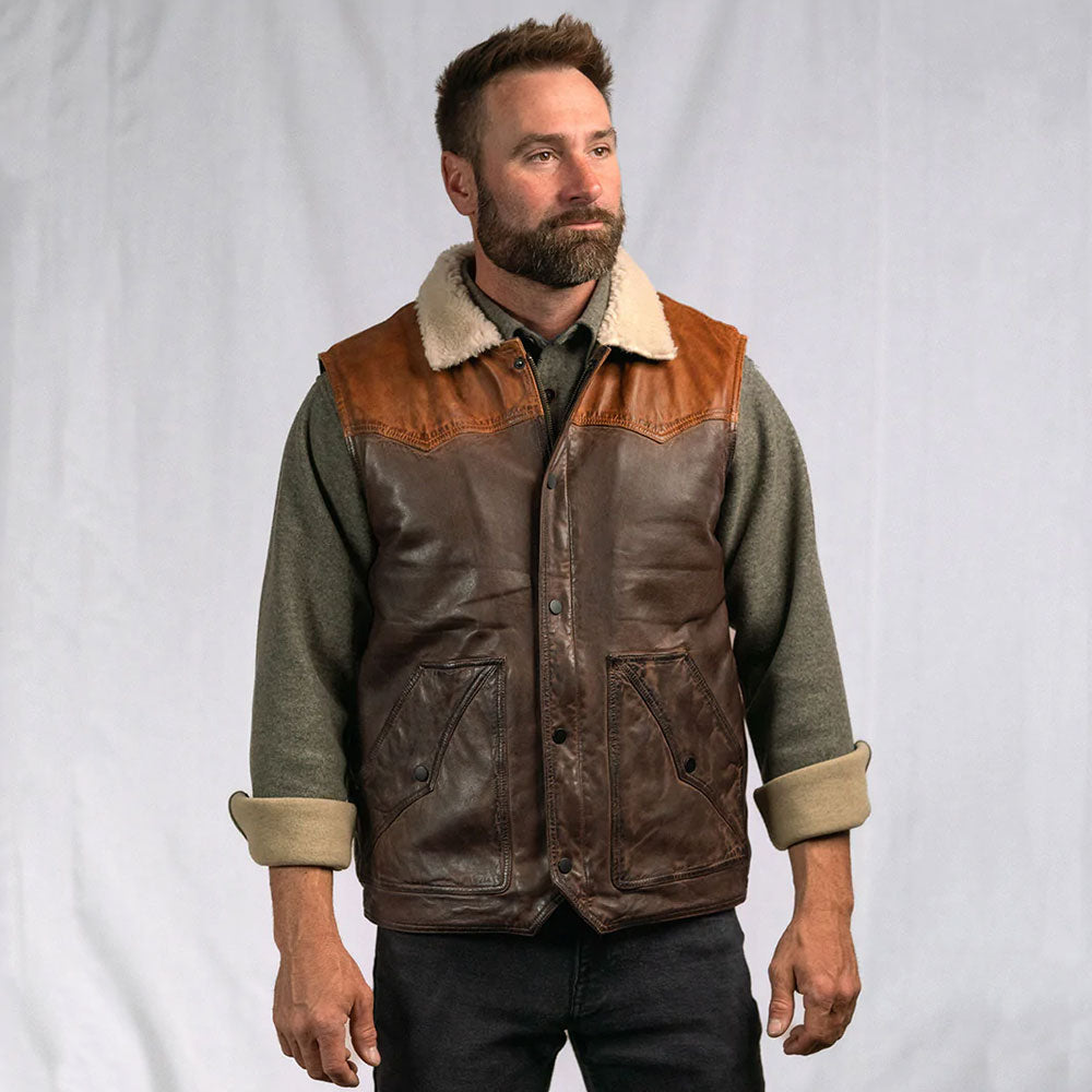 Mens Brown Waistcoat Shearling Sheepskin Leather Vest - bombersflight