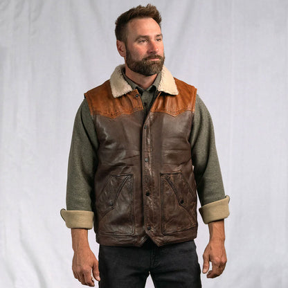 Mens Brown Waistcoat Shearling Sheepskin Leather Vest - bombersflight