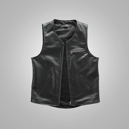 Mens Black Sheepskin Waistcoat Cowboy Genuine Leather Vest - bombersflight