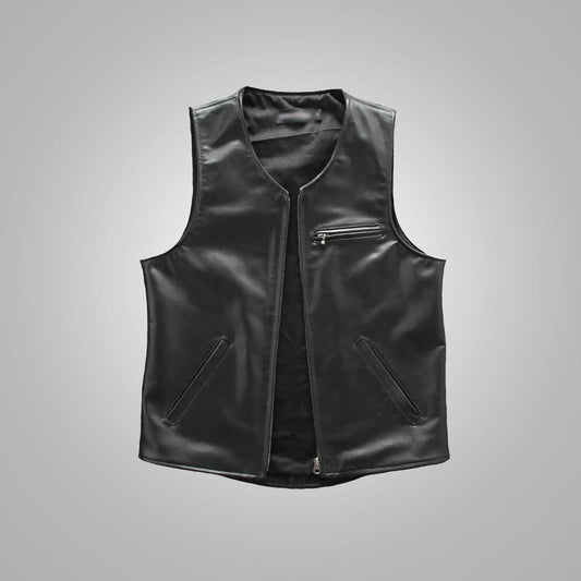 Mens Black Sheepskin Waistcoat Cowboy Genuine Leather Vest - bombersflight