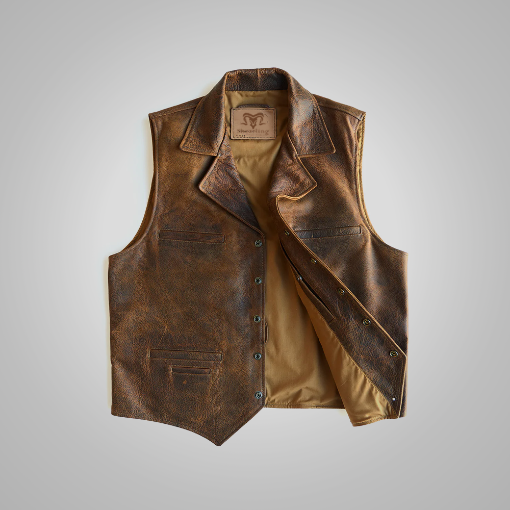 Men's Brown Sheepskin Waistcoat Leather Cowboy Vest - bombersflight