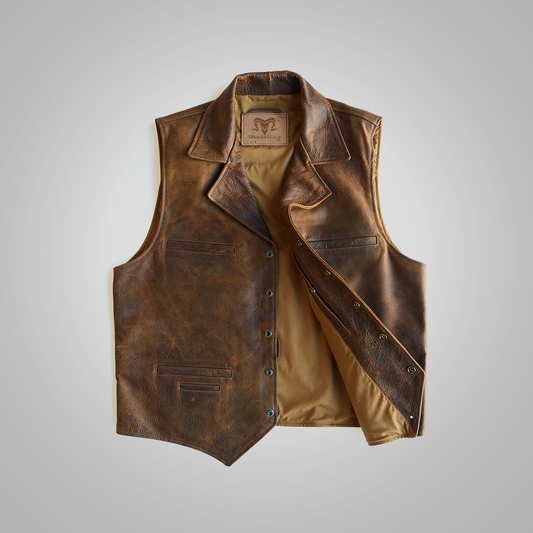 Men's Brown Sheepskin Waistcoat Leather Cowboy Vest - bombersflight