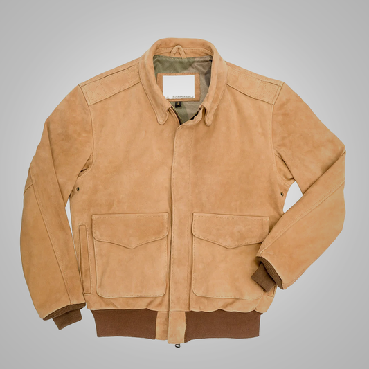 Tan suede jacket with two front pockets on a gray background
