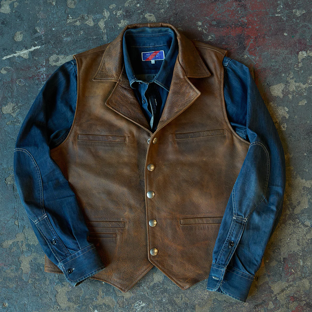 Men's Brown Sheepskin Waistcoat Leather Cowboy Vest - bombersflight