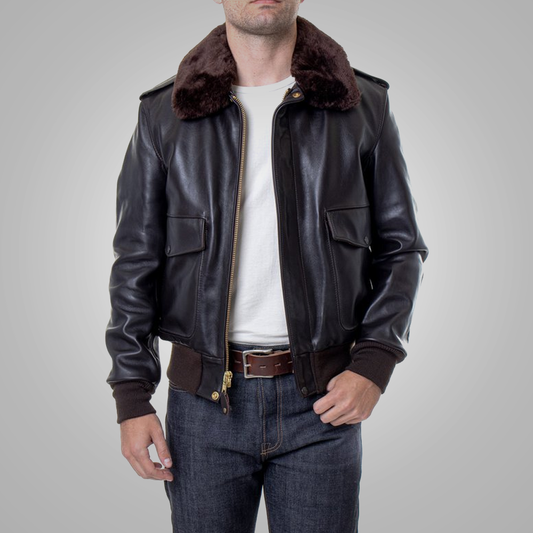 Man wearing a dark leather jacket with fur collar on a gray background