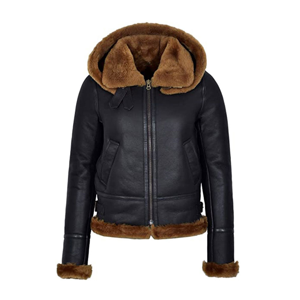Black leather jacket with brown fur trim on a white background