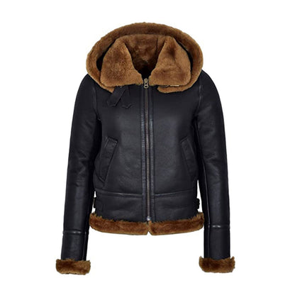 Black leather jacket with brown fur trim on a white background
