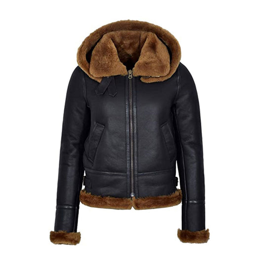 Black leather jacket with brown fur trim on a white background
