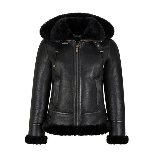 WOMENS B3 BOMBER HOODED CLASSIC BLACK SHEARLING LEATHER JACKET