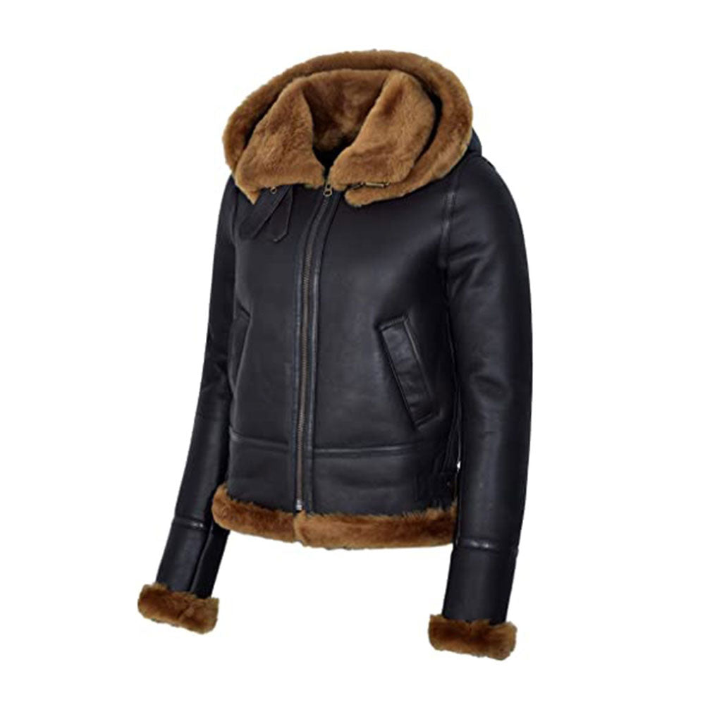 Black leather jacket with brown fur trim on a white background