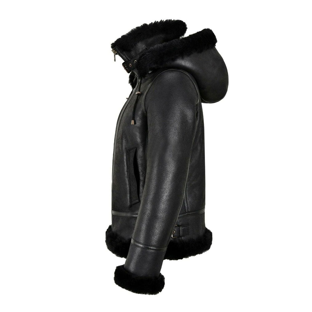 WOMENS B3 BOMBER HOODED CLASSIC BLACK SHEARLING LEATHER JACKET
