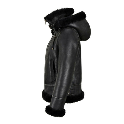 WOMENS B3 BOMBER HOODED CLASSIC BLACK SHEARLING LEATHER JACKET