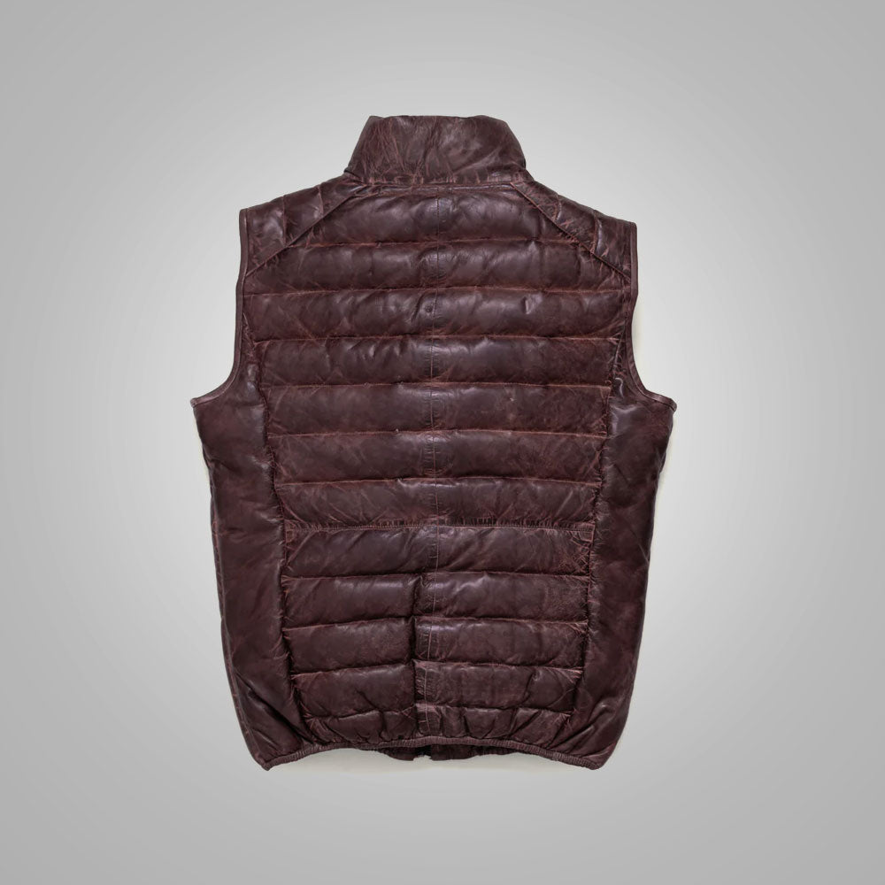 Mens Dark Brown Bubble Waistcoat Leather Bubble Jacket Vest - bombersflight