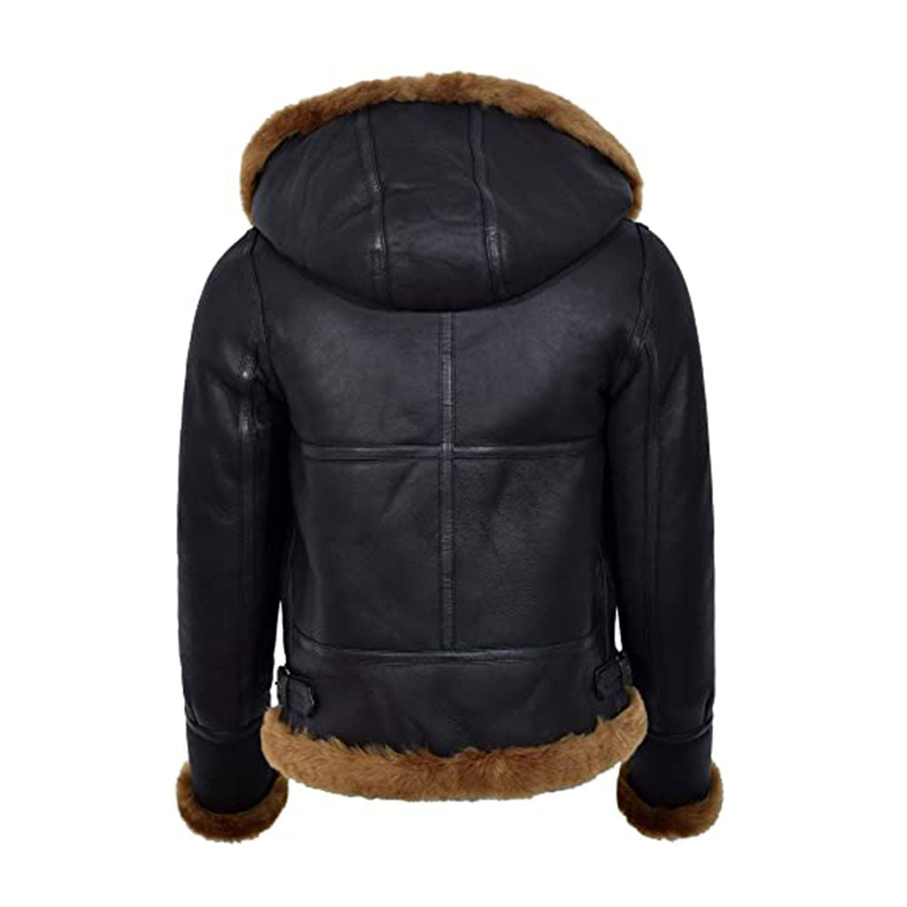 Black leather jacket with brown fur trim on a white background