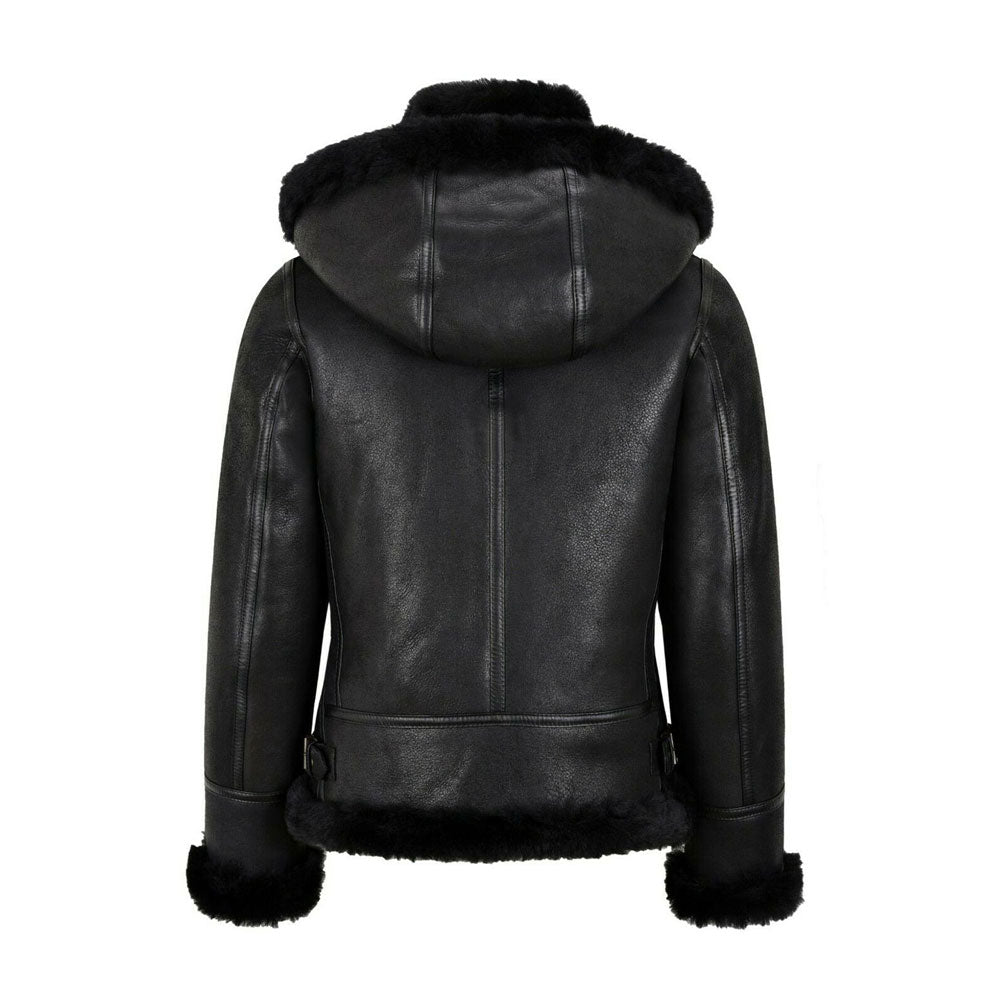 WOMENS B3 BOMBER HOODED CLASSIC BLACK SHEARLING LEATHER JACKET