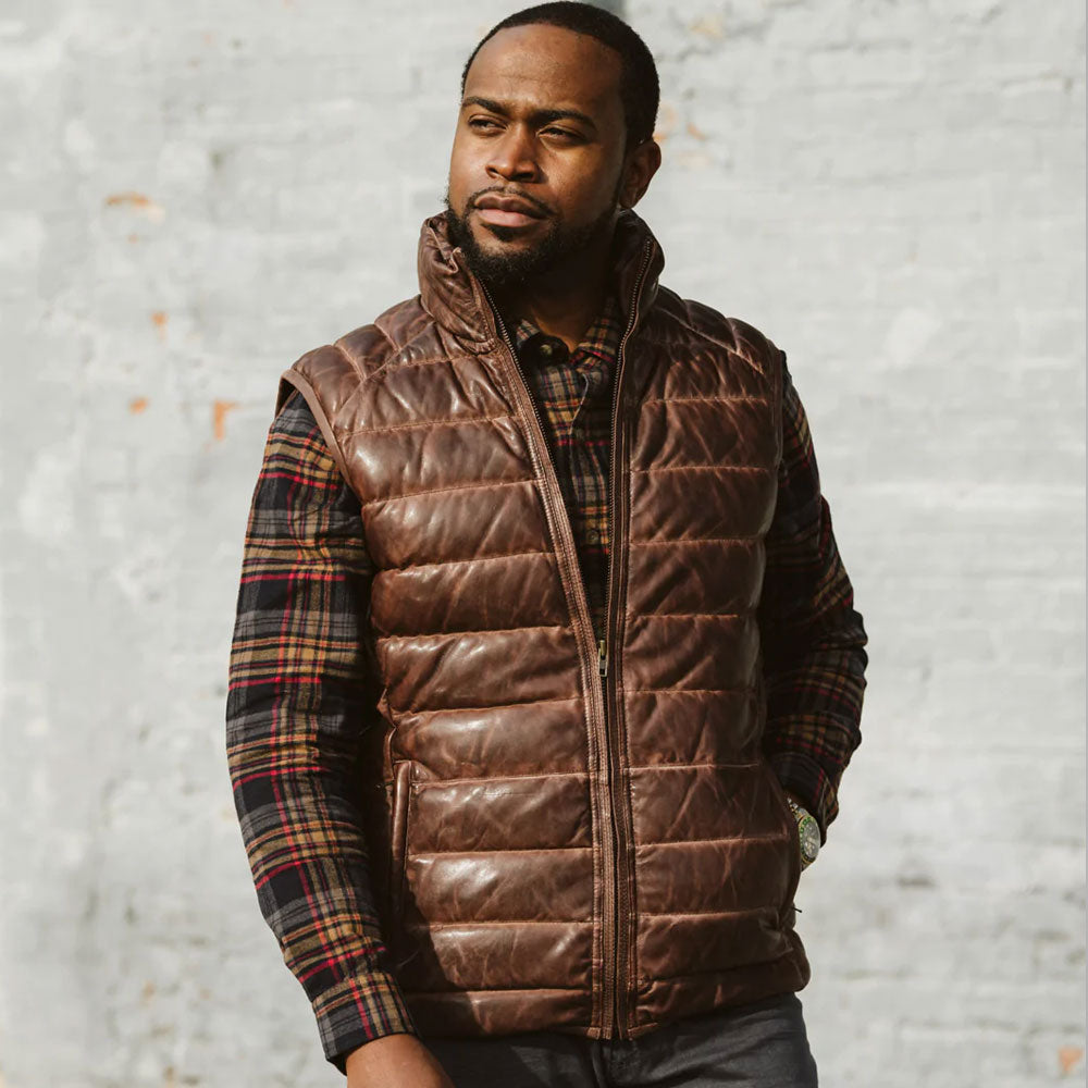 Mens Dark Brown Bubble Waistcoat Leather Bubble Jacket Vest - bombersflight