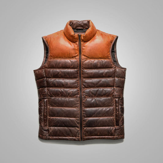 Mens Waistcoat Brown Genuine Bubble Leather Down Vest - bombersflight
