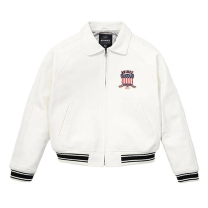 White Avirex Varsity Bomber Jacket – Embroidered Crest, Classic Street Style Jacket - bombersflight