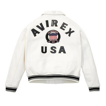 White Avirex Varsity Bomber Jacket – Embroidered Crest, Classic Street Style Jacket - bombersflight