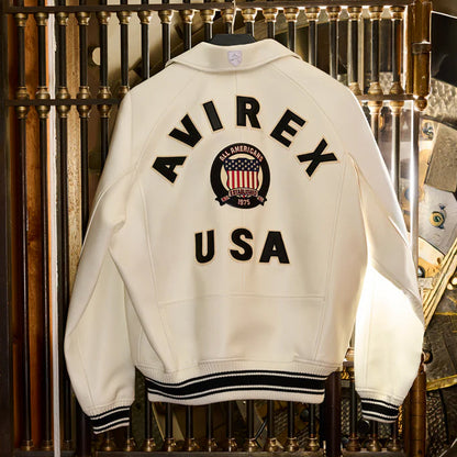 White Avirex Varsity Bomber Jacket – Embroidered Crest, Classic Street Style Jacket - bombersflight