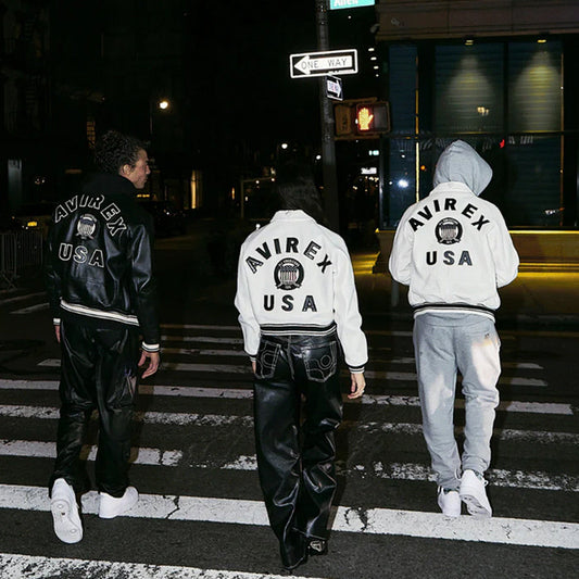 White Avirex Varsity Bomber Jacket – Embroidered Crest, Classic Street Style Jacket - bombersflight