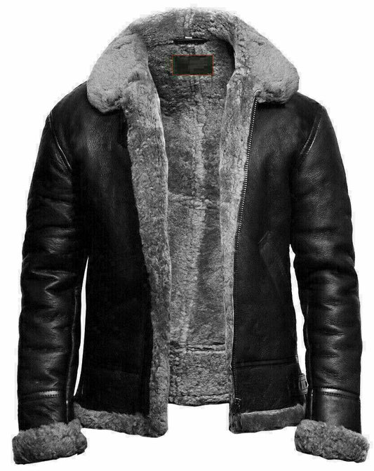 Black leather jacket with gray fur lining on a white background