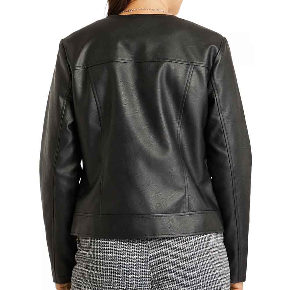 Black leather jacket worn by a person on a white background