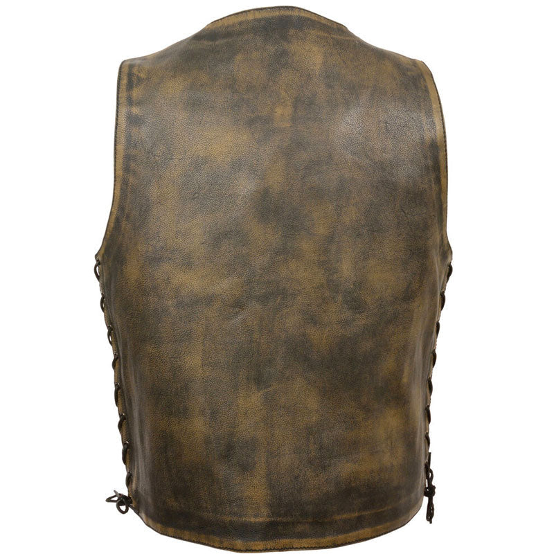 Brown leather vest with chain details on a white background