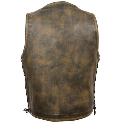 Brown leather vest with chain details on a white background