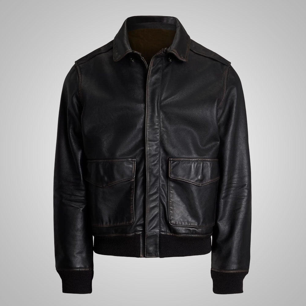 Black A2 Real Goatskin Leather Flight Bomber Jacket