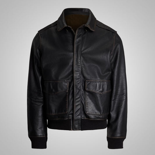 Black A2 Real Goatskin Leather Flight Bomber Jacket