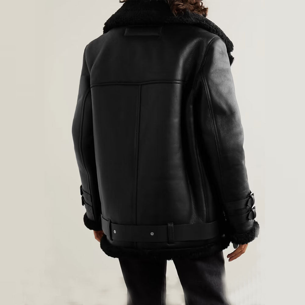 Black Sheepskin Shearling Leather Biker Jacket - bombersflight