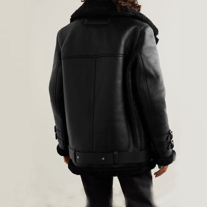 Black Sheepskin Shearling Leather Biker Jacket - bombersflight