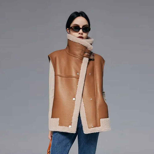 Brown Women's Sheepskin Shearling Vest - bombersflight