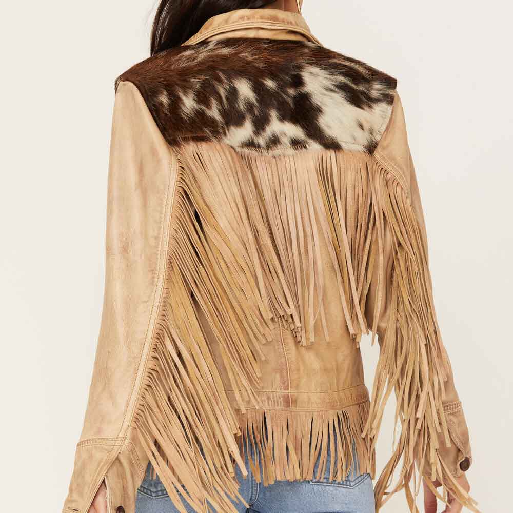Beige fringe jacket with cowhide pattern on a white background