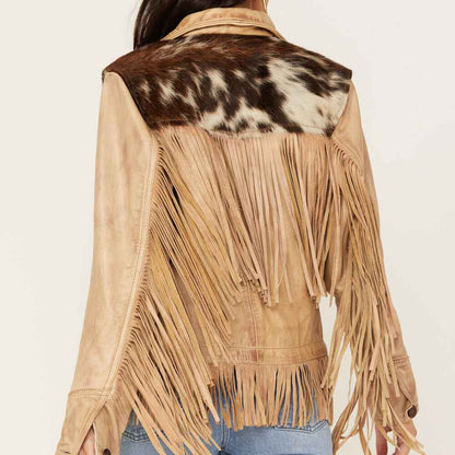 Beige fringe jacket with cowhide pattern on a white background