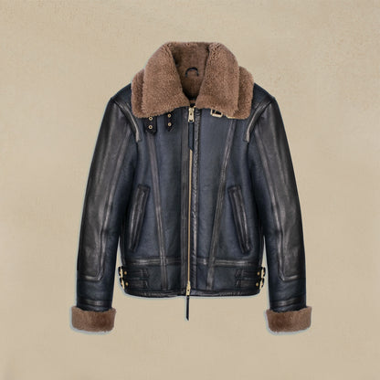 Double Collar Sheepskin Leather Aviator B3 Bomber Jacket