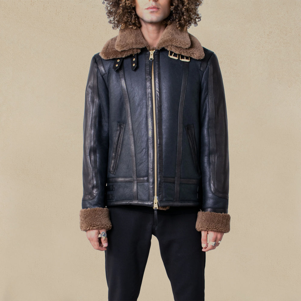 Double Collar Sheepskin Leather Aviator Jacket