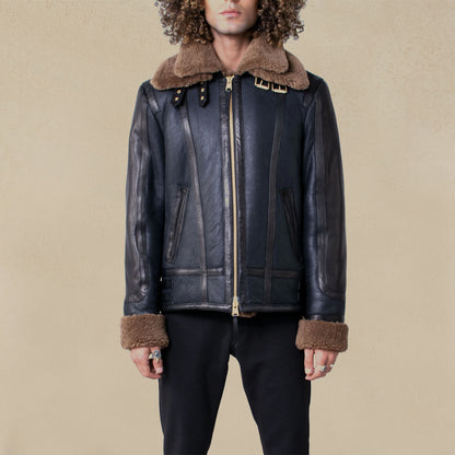 Double Collar Sheepskin Leather Aviator Jacket