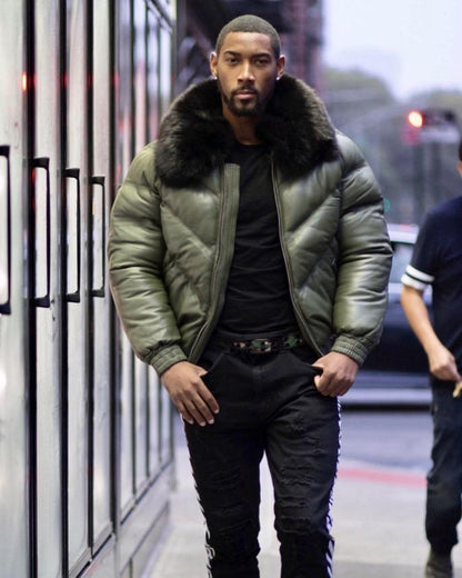 MEN V BOMBER JACKET - OLIVE GREEN ( BLACK FUR) - bombersflight