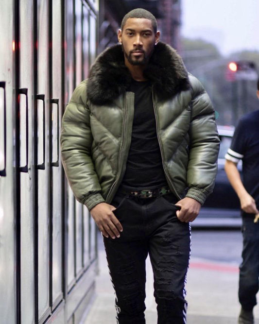 MEN V BOMBER JACKET - OLIVE GREEN ( BLACK FUR) - bombersflight